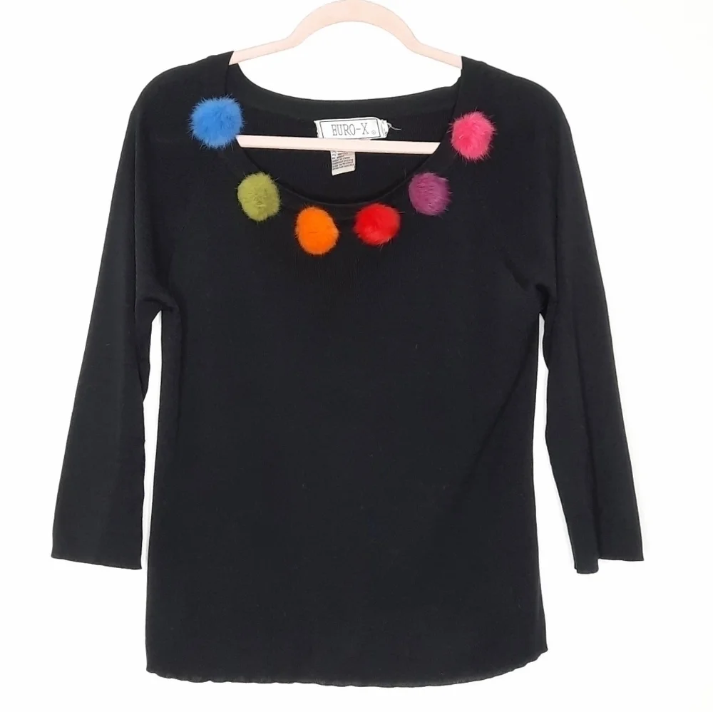 Vintage Black Y2K Euro-X Rainbow Pom Pom Sweater L